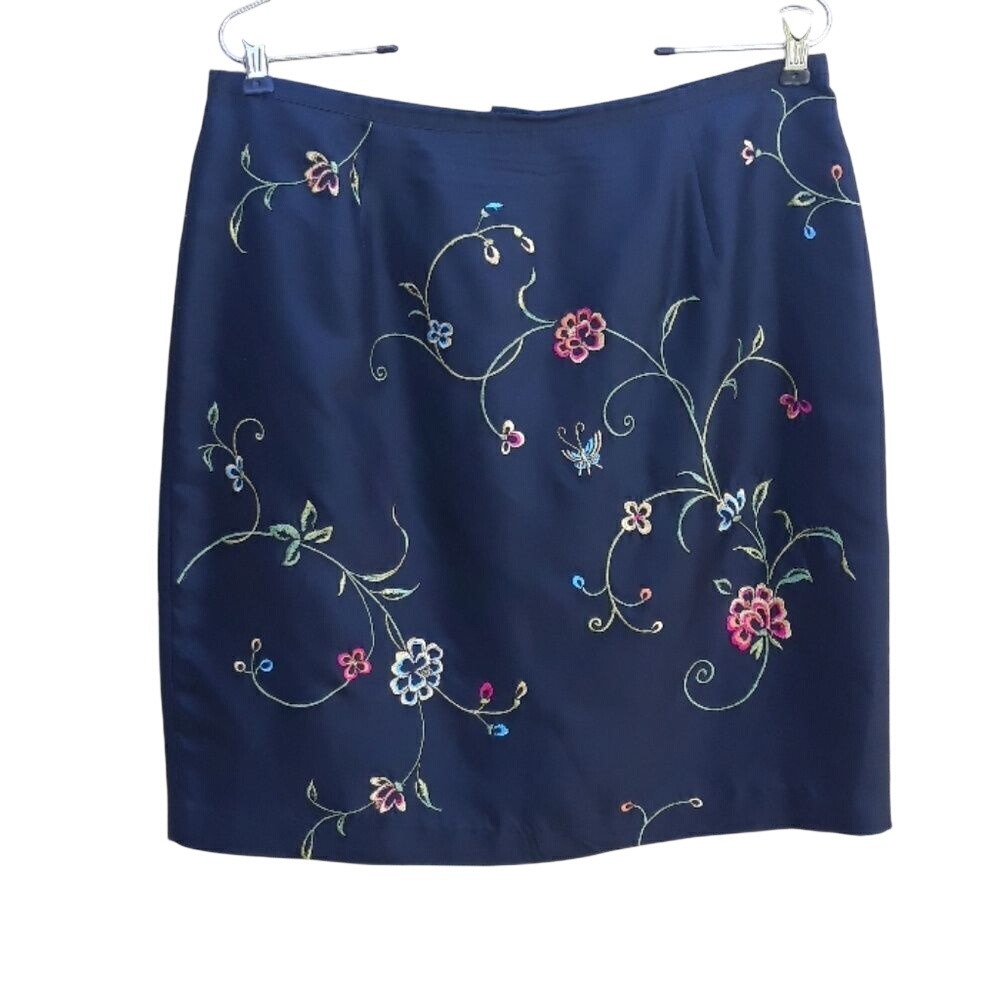 Vintage Allison Taylor Skirt Silk Mini Straight Floral Embroidered Black Size 12
